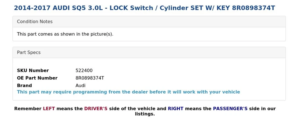 2014-2017 AUDI SQ5 3,0 л - замок переключатель / цилиндр набор с ключом 8R0898374T - Изображение 4 из 4