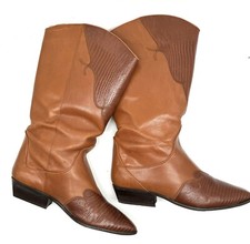 Vtg 90s Western Boots Sz 9 Cognac Brown Snakeskin Leather Mid Calf Boho Festival