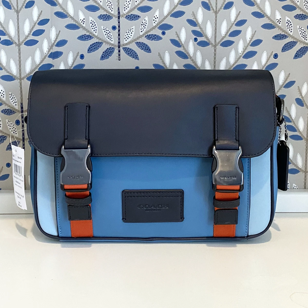 Coach Track Leather Crossbody Messenger Bag in Colorblock Blue Navy Orange