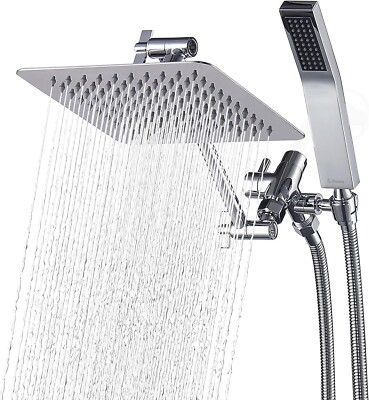 All Metal Dual Square Rain Shower Head Combo Handheld Shower Wand 71'' Extra Long