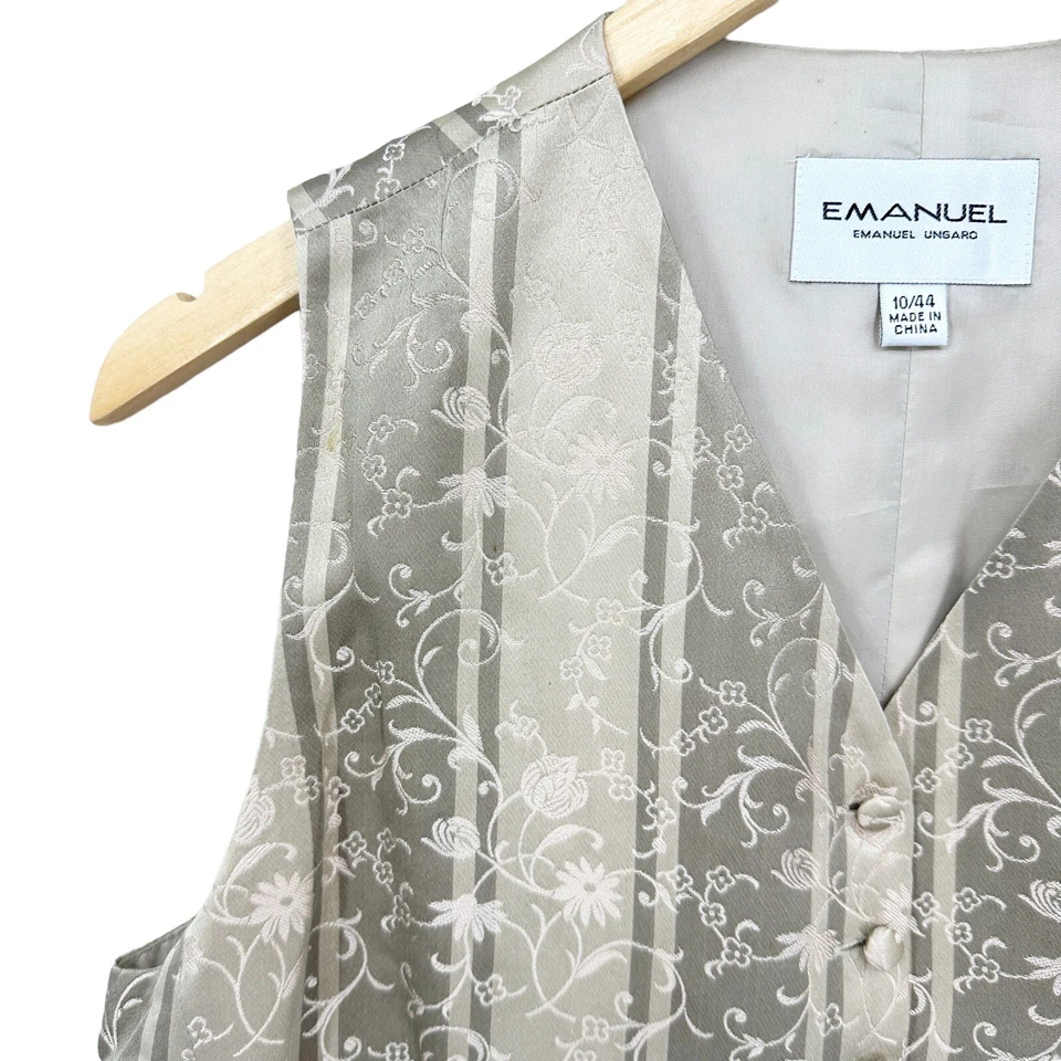 复古 EMANUEL UNGARO 100% 丝绸合身背心花卉刺绣纽扣关闭 R434 — 第 3/4 张图片