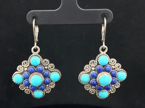 JEWELLERY HUNTING EARRINGS 925/- SILVER WITH TURQUOISE & LAPIS