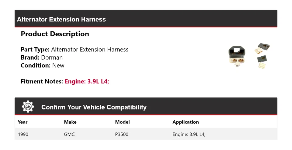 Arnés de extensión de alternador Dorman GMC P3500 1990 3,9 L4 Foto 2 de 4