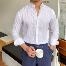 British Men 100% Linen Shirts Casual Button-Down Shirt Business Long Sleeve Tops