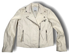 Mango Sheep Leather Ivory Motorcycle Biker Jacket Womens Sz S Full Zip Boho