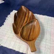 Vintage Hand Carved Wooden Divided Leaf Shaped Tray - Chips and Dip