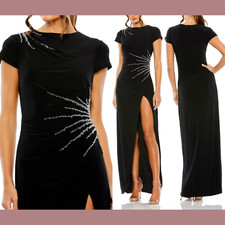 NWT $398 IEENA Mac Duggal [ 2 ] Side Beaded Detail High Slit Gown Black #G1977