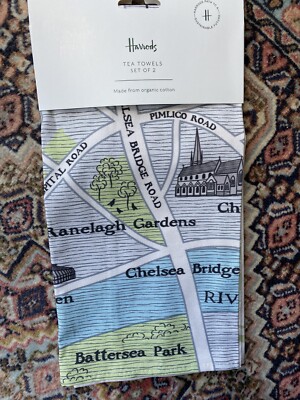 HARRODS 2ER SET WEST END MAP GESCHIRRTÜCHER NEU UND BESCHRIFTET BIO BAUMWOLLE