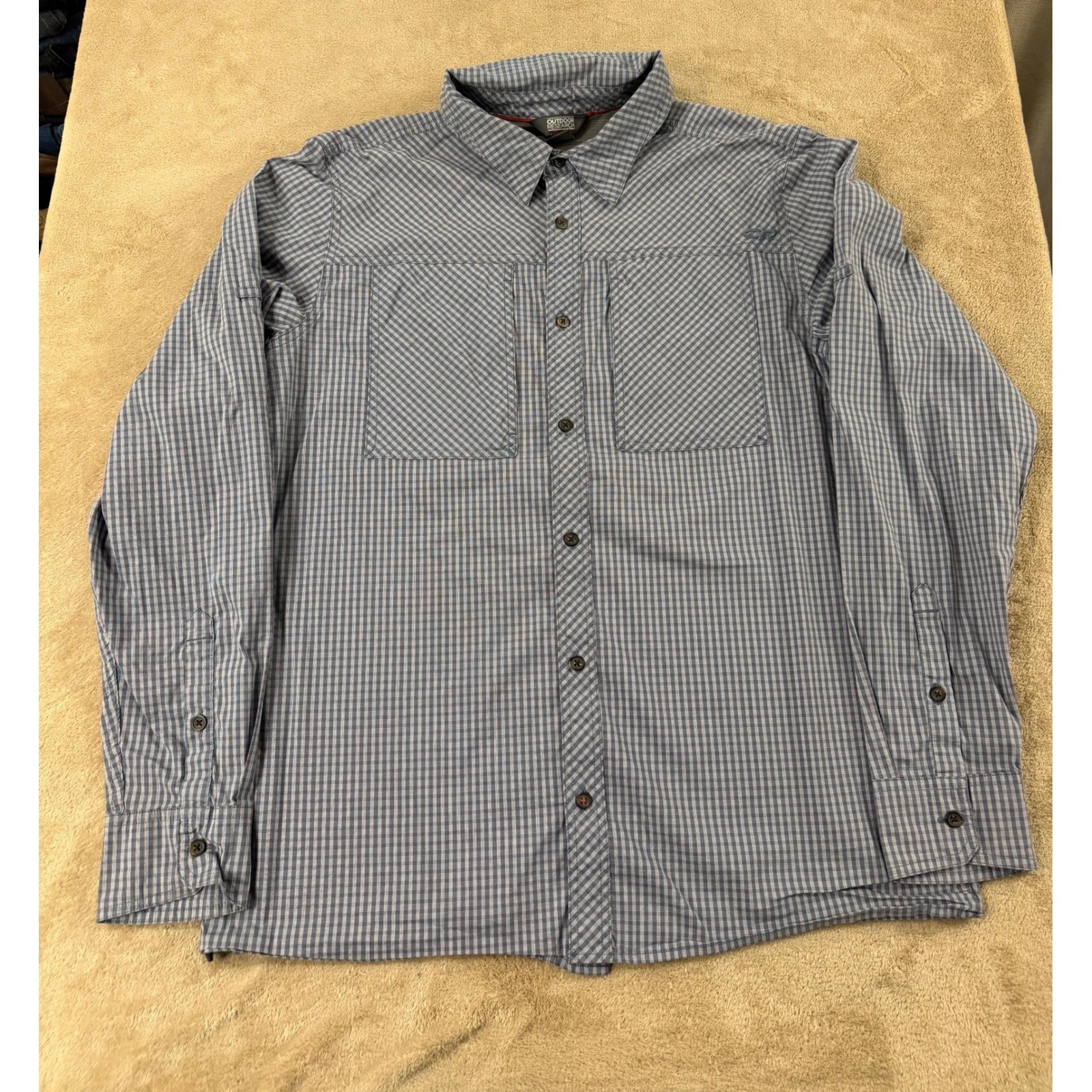 Outdoor Research Baja Sun Shirt mens L Blue Plaid Long sleeve Hiking EUC