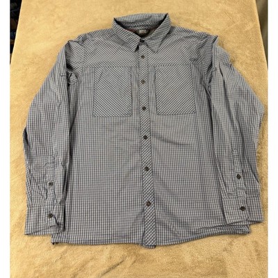 Outdoor Research Baja Sun Shirt mens  L Blue Plaid Long sleeve Hiking EUC