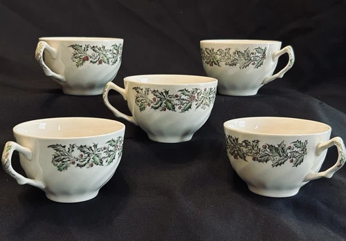 5 Vintage JOHNSON BROS Merry Christmas Flat Cups Tea Cups Made England Mark