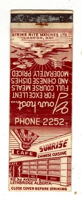SUNRISE CAFE matchbook matchcover - CHINESE - LETHBRIDGE ALBERTA CANADA
