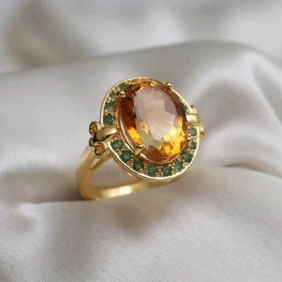 2Ct Oval Cut Lab Created Citrine Halo Women Wedding Rings 14K Yellow Gold Plated