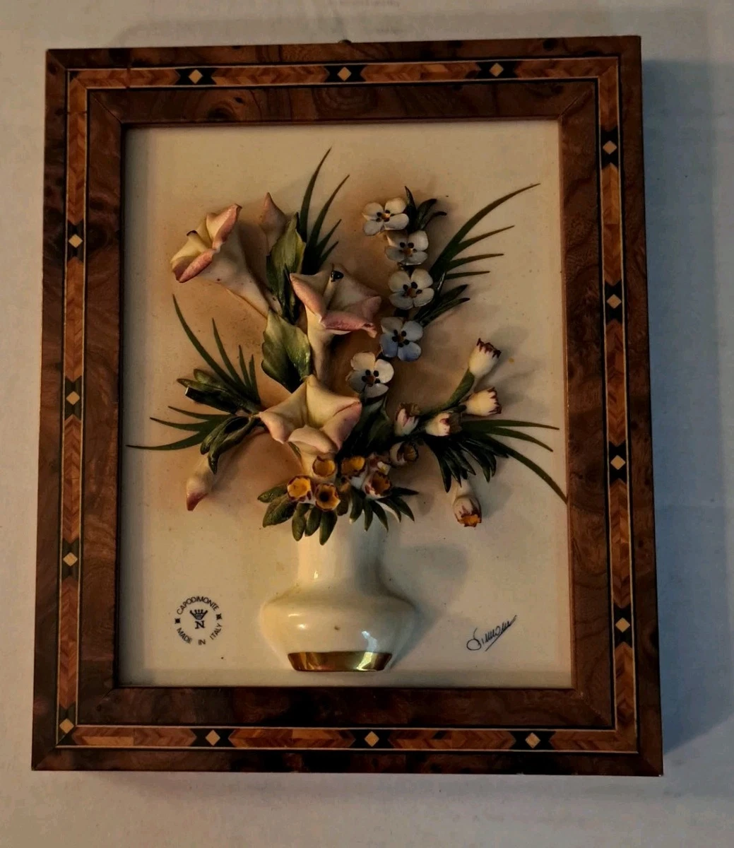 Tableau Bouquet de Roses Fleurs CAPODIMONTE Céramique + Cadre