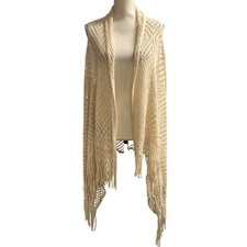 Ivory Open Crochet Knit Shawl Asymmetrical Fringe Layer Boho Hippie Coachella