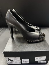 Chanel Womens Block Heel Chain Trim CC Cap Toe Pumps Black Leather Size 38B US 8