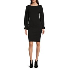 Long Ruffle Cuff Sleeve Round Neck Scuba Crepe Sheath Dress Size 8