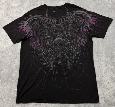 Affliction T Shirt Mens XL Black Purple Darkness Falls Y2K Skull Reaper Horror