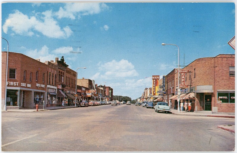 Vintage 1956 Postcard Neon Signs Storefronts Main Street Downtown Sauk Centre MN