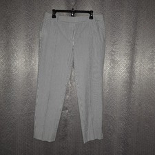 Women  s Flat Front Straight Leg Dress Pants with Pockets, White/Navy Striped