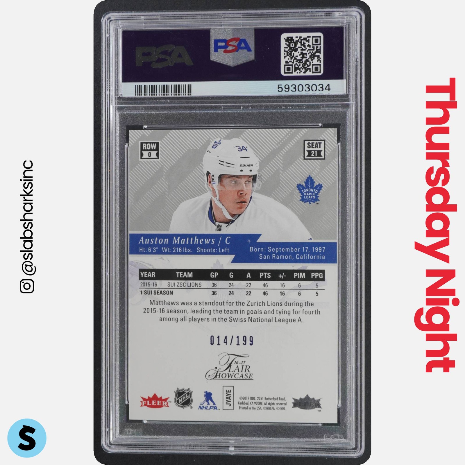 2016 FLEER SHOWCASE #21 AUSTON MATTHEWS FLAIR BLUE ICE RC ROOKIE /199 PSA 10 view 2