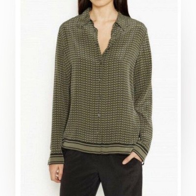 Equipment Femme Olive Green Black Geometric Silk Button Down Shirt  S