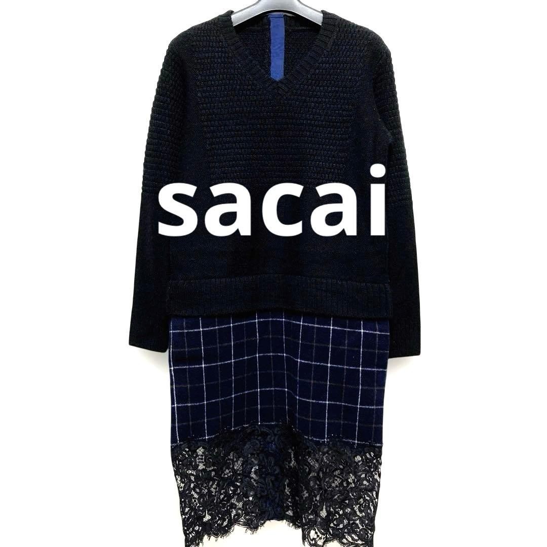 sacai Women's Knit & Lace Docking Dress M Black Navy Wool Leather Zipper