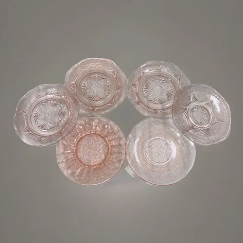 Lot 6 Pink Mixed Royal Lace, Cherry Blossom Depression Glass  5.5”- 6” saucers