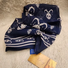 Raj Silk Scarf Blue Cream Skull Print Lightweight  Rectangle 42"x38" Shall Wrap