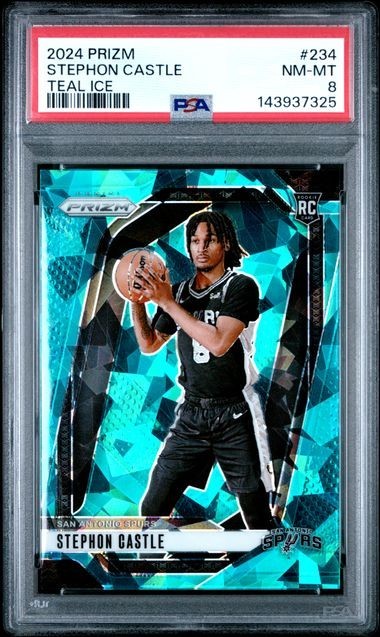 Stephon Castle 2024-25 Panini Prizm Prizms Teal Ice #234 (RC) 129/225 PSA 8