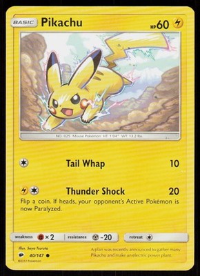 Pikachu 40/147 Common Burning Shadows Pokemon Near Mint