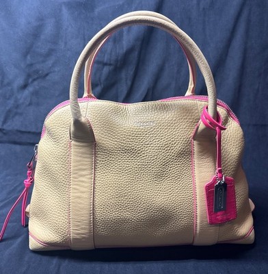 Coach Bleeker Large Leather Preston Satchel Tote Camel/Pink Ruby (L)