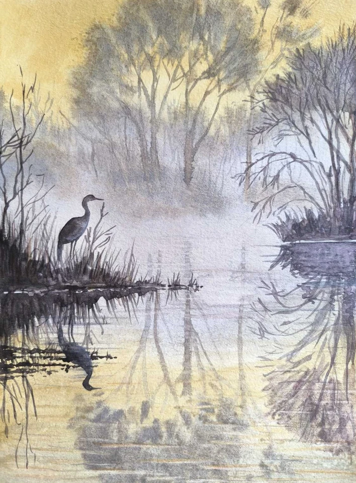 Original Artwork Painted BLUE HERON Modern Landscape Art National Park CA GiftA4 - image 3 of 4