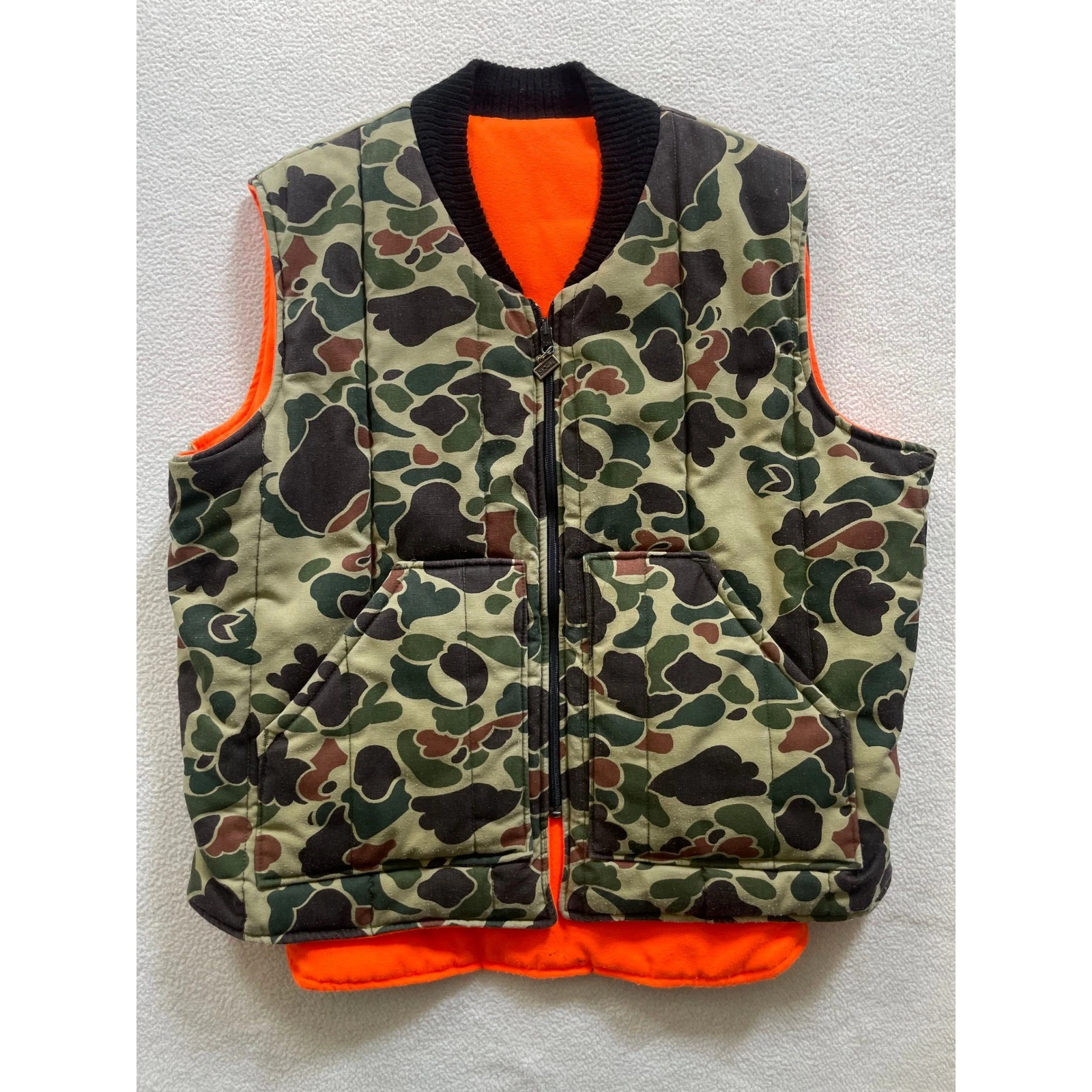 80s Walls USA Mens Large Hunting Vest Camo Orange Reversible Insulated Duck