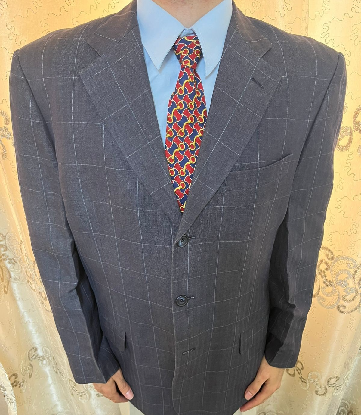 SAINT LAURENT Cappotto sportivo vintage fatto a mano classico cotone e lino estivo Windowpane 44R