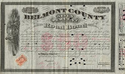USA BELMONT COUNTY ROAD BOND stock certificate 1869 OHIO | eBay