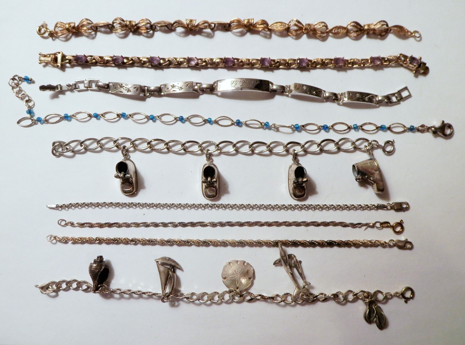 9 Sterling Silver Bracelets FL Shell Dolphin Char… - image 1