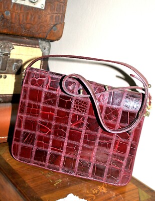 Sac à Main Vintage Années 70 En Simili Croco Rouge Bordeaux - 25x20 Cm, Bandoulière, Occasion
