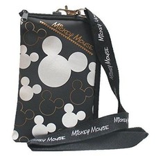 Disney Mickey Mouse Black Silver Lanyard Cell Phone ID Holder Case Coin Badge