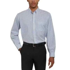 Kirkland Signature Men’s Traditional Fit Dress Shirt Teal Blue White Grid