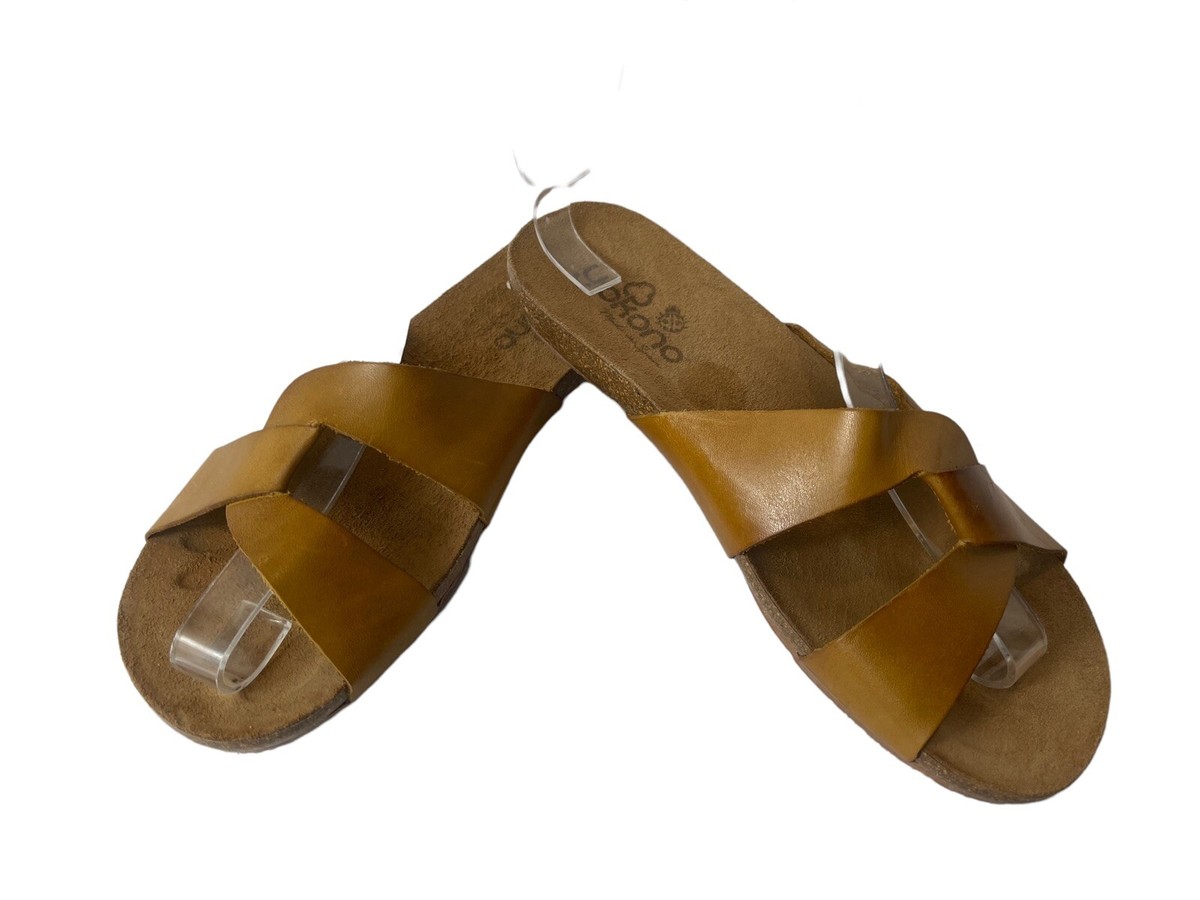 Yokono Womens Shoes Brown M Leather Toe Print Criss Cross Slip