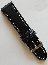24mm - Black / White Stitches Leather Watch Band - Stainless Steel Buckle