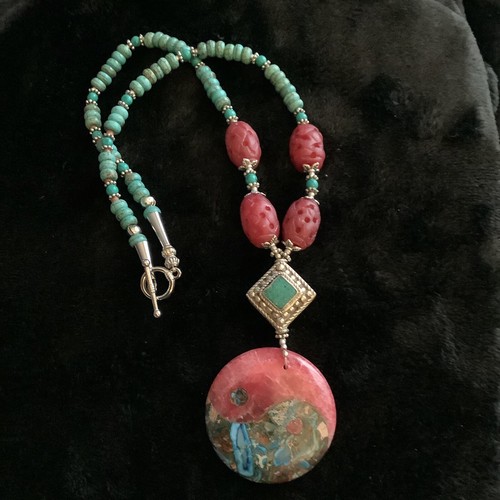 Yin Yang Ocean Azul/Pyrite/Jade/Turquoise/Rose Quartz Necklace Dezigns By Zetroc - Picture 9 of 10