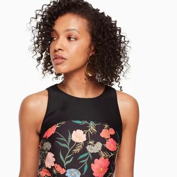 Mini abito senza maniche Kate Spade nero stampa floreale Mikado vestibilità e svasata 4