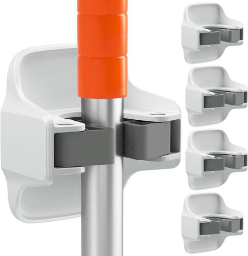 5 Pack Broom Holder Wall Mount Mop Grippers No Drilling 5 1Rack, White