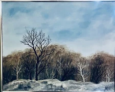 Mid Century Impressionist Winter Snowy Wooded Landscape Oil Painting on Canvas