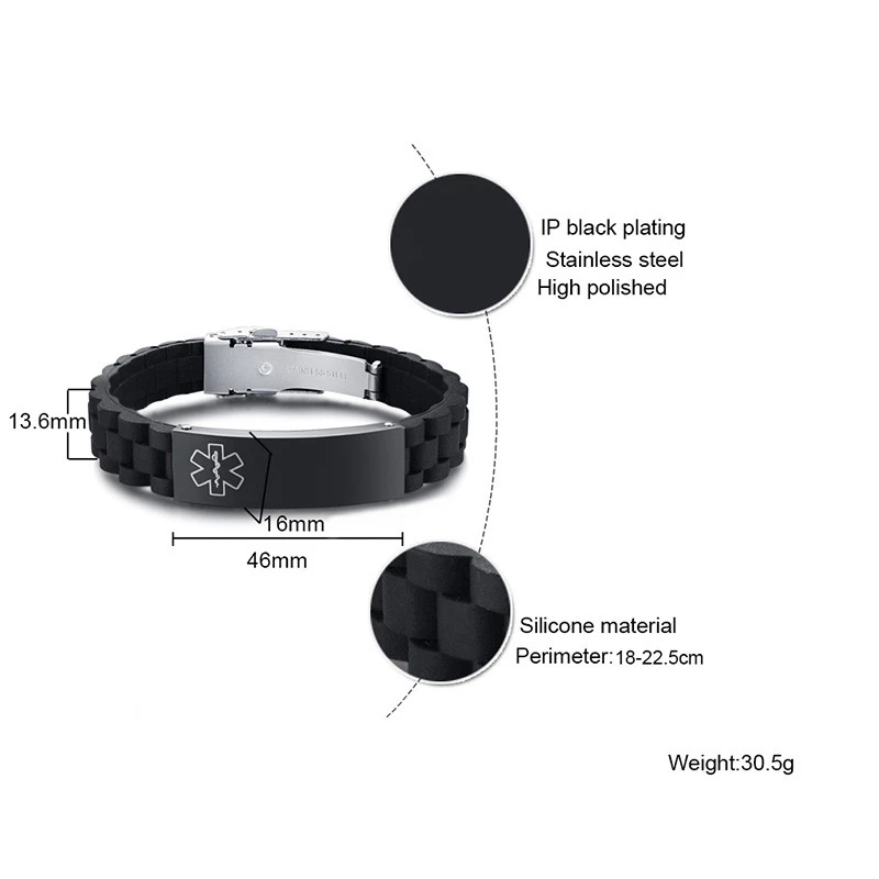 Pulsera Medical Alert ID Hombres Mujeres Pulsera Silicona Negra Personalizar Grabado Foto 3 de 4