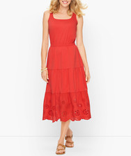 TALBOTS SLEEVELESS CORAL RED FIT & FLARE TIERED JERSEY EYELET MIDI DRESS Sz 2X