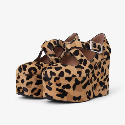 Leopard Women's Suede Leather Platform Wedge Heel Shoes Round Toe Formal Retro
