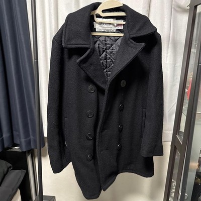 Auth Schott Men's Pea coat Wool Button Logo Size 34 Navy Black Vintage